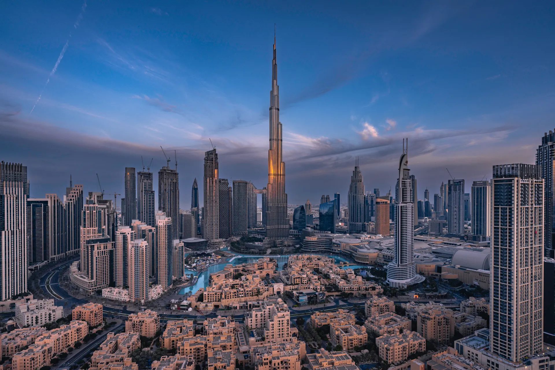 Aerial view of Downtown Dubai skyline with Burj Khalifa
